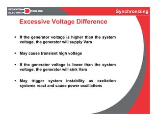 Synchronizing
Excessive Voltage Difference
If the generator voltage is higher than the system
voltage, the generator will supply Vars
May cause transient high voltage
If the generator voltage is lower than the system
voltage, the generator will sink Vars
May trigger system instability as excitation
systems react and cause power oscillations
Synchronizing
 