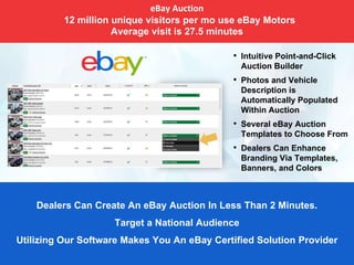 eBay Auction
12 million unique visitors per mo use eBay Motors
Average visit is 27.5 minutes
Dealers Can Create An eBay Auction In Less Than 2 Minutes.
Target a National Audience
Utilizing Our Software Makes You An eBay Certified Solution Provider
• Intuitive Point-and-Click
Auction Builder
• Photos and Vehicle
Description is
Automatically Populated
Within Auction
• Several eBay Auction
Templates to Choose From
• Dealers Can Enhance
Branding Via Templates,
Banners, and Colors
 