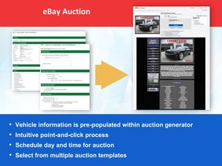 eBay Auction
• Vehicle information is pre-populated within auction generator
• Intuitive point-and-click process
• Schedule day and time for auction
• Select from multiple auction templates
 