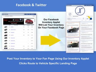 Facebook & Twitter
Post Your Inventory to Your Fan Page Using Our Inventory Applet
Clicks Route to Vehicle Specific Landing Page
Our Facebook
Inventory Applet
Will List Your Inventory
On Your Facebook Page
 