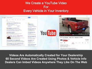 We Create a YouTube Video
For
Every Vehicle in Your Inventory
Videos Are Automatically Created for Your Dealership
60 Second Videos Are Created Using Photos & Vehicle Info
Dealers Can Imbed Videos Anywhere They Like On The Web
 