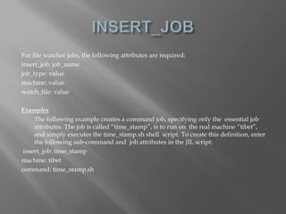For file watcher jobs, the following attributes are required: 
insert_job: job_name 
job_type: value 
machine: value 
watch_file: value 
Examples 
The following example creates a command job, specifying only the essential job 
attributes. The job is called “time_stamp”, is to run on the real machine “tibet”, 
and simply executes the time_stamp.sh shell script. To create this definition, enter 
the following sub-command and job attributes in the JIL script: 
insert_job: time_stamp 
machine: tibet 
command: time_stamp.sh 
 