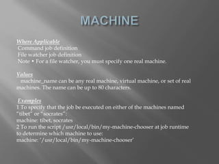 Where Applicable 
Command job definition 
File watcher job definition 
Note • For a file watcher, you must specify one real machine. 
Values 
machine_name can be any real machine, virtual machine, or set of real 
machines. The name can be up to 80 characters. 
Examples 
1 To specify that the job be executed on either of the machines named 
“tibet” or “socrates”: 
machine: tibet, socrates 
2 To run the script /usr/local/bin/my-machine-chooser at job runtime 
to determine which machine to use: 
machine: ‘/usr/local/bin/my-machine-chooser’ 
 