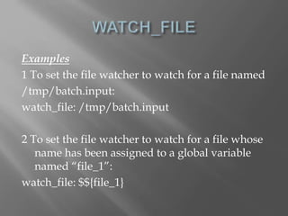 Examples 
1 To set the file watcher to watch for a file named 
/tmp/batch.input: 
watch_file: /tmp/batch.input 
2 To set the file watcher to watch for a file whose 
name has been assigned to a global variable 
named “file_1”: 
watch_file: $${file_1} 
 