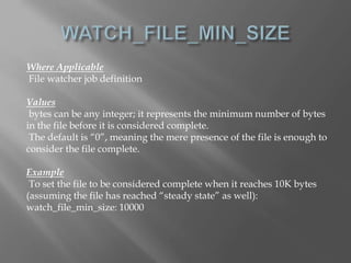 Where Applicable 
File watcher job definition 
Values 
bytes can be any integer; it represents the minimum number of bytes 
in the file before it is considered complete. 
The default is “0”, meaning the mere presence of the file is enough to 
consider the file complete. 
Example 
To set the file to be considered complete when it reaches 10K bytes 
(assuming the file has reached “steady state” as well): 
watch_file_min_size: 10000 
 