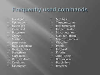 • Insert_job 
• Update_job 
• Delete_job 
• Command 
• Box_name 
• Owner 
• Machine 
• permission 
• Date_conditions 
• Days_of_week 
• Start_times 
• Start_mins 
• Run_window 
• Condition 
• Description 
• N_retrys 
• Term_run_time 
• Box_terminator 
• Job_terminator 
• Min_run_alarm 
• Max_run_alarm 
• Max_exit_success 
• Chk_files 
• Profile 
• Job_load 
• Priority 
• Auto_delete 
• Box_success 
• Box_failure 
• timezone 
 