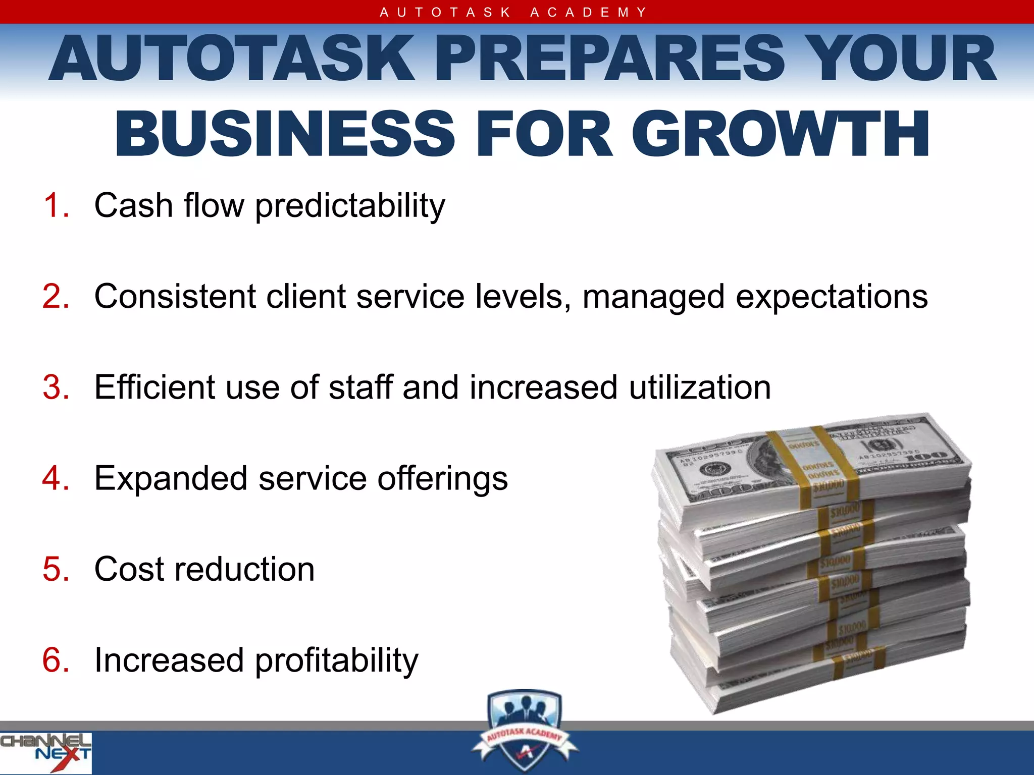A U T O T A S K   A C A D E M Y



AUTOTASK PREPARES YOUR
 BUSINESS FOR GROWTH
1. Cash flow predictability

2. Consistent client service levels, managed expectations

3. Efficient use of staff and increased utilization

4. Expanded service offerings

5. Cost reduction

6. Increased profitability
 