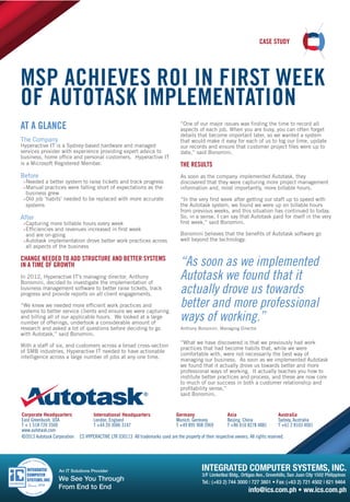 CASE STUDY

MSP ACHIEVES ROI IN FIRST WEEK
OF AUTOTASK IMPLEMENTATION
At A GLANCE
The Company

Hyperactive IT is a Sydney-based hardware and managed
services provider with experience providing expert advice to
business, home office and personal customers. Hyperactive IT
is a Microsoft Registered Member.

Before

»»
Needed a better system to raise tickets and track progress
»»
Manual practices were falling short of expectations as the

business grew

»»
Old job ‘habits’ needed to be replaced with more accurate

systems

After

»»
Capturing more billable hours every week
»»
Efficiencies and revenues increased in first week

and are on-going

»»
Autotask implementation drove better work practices across

“One of our major issues was finding the time to record all
aspects of each job. When you are busy, you can often forget
details that become important later, so we wanted a system
that would make it easy for each of us to log our time, update
our records and ensure that customer project files were up to
date,” said Bonomini.

The Results
As soon as the company implemented Autotask, they
discovered that they were capturing more project management
information and, most importantly, more billable hours.
“In the very first week after getting our staff up to speed with
the Autotask system, we found we were up on billable hours
from previous weeks, and this situation has continued to today.
So, in a sense, I can say that Autotask paid for itself in the very
first week,” said Bonomini.
Bonomini believes that the benefits of Autotask software go
well beyond the technology.

all aspects of the business

CHANGE NEEDED TO ADD STRUCTURE AND BETTER SYSTEMS
IN A TIME OF GROWTH
In 2012, Hyperactive IT’s managing director, Anthony
Bonomini, decided to investigate the implementation of
business management software to better raise tickets, track
progress and provide reports on all client engagements.
“We knew we needed more efficient work practices and
systems to better service clients and ensure we were capturing
and billing all of our applicable hours. We looked at a large
number of offerings, undertook a considerable amount of
research and asked a lot of questions before deciding to go
with Autotask,” said Bonomini.
With a staff of six, and customers across a broad cross-section
of SMB industries, Hyperactive IT needed to have actionable
intelligence across a large number of jobs at any one time.

Corporate Headquarters
East Greenbush, USA
T + 1 518 720 3500
www.autotask.com
©2013 Autotask Corporation

International Headquarters
London, England
T +44 20 3006 3147

“As soon as we implemented
Autotask we found that it
actually drove us towards
better and more professional
ways of working.”
Anthony Bonomini, Managing Director

“What we have discovered is that we previously had work
practices that had become habits that, while we were
comfortable with, were not necessarily the best way of
managing our business. As soon as we implemented Autotask
we found that it actually drove us towards better and more
professional ways of working. It actually teaches you how to
institute better practices and process, and these are now core
to much of our success in both a customer relationship and
profitability sense,”
said Bonomini.

Germany
Munich, Germany
T +49 895 908 2069

Asia
Beijing, China
T +86 010 8278 4881

Australia
Sydney, Australia
T +61 2 8103 4001

CS HYPERACTIVE LTR 030113 All trademarks used are the property of their respective owners. All rights reserved.

 