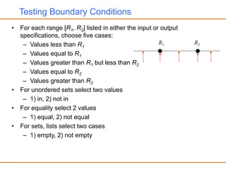 Testing Boundary Conditions
• For each range [R1, R2] listed in either the input or output
specifications, choose five cases:
– Values less than R1
– Values equal to R1
– Values greater than R1 but less than R2
– Values equal to R2
– Values greater than R2
• For unordered sets select two values
– 1) in, 2) not in
• For equality select 2 values
– 1) equal, 2) not equal
• For sets, lists select two cases
– 1) empty, 2) not empty
R1 R2
 