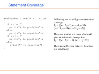 Statement Coverage
areTheyPositive(int x, int y)
{
if (x >= 0)
print(“x is positive”);
else
print(“x is negative”);
if (y >= 0)
print(“y is positive”);
else
print(“y is negative”);
}
Following test set will give us statement
coverage:
T1 = {(x=12,y=5), (x= 1,y=35),
(x=115,y=13),(x=91,y= 2)}
There are smaller test cases which will
give us statement coverage too:
T2 = {(x=12,y=  5), (x= 1,y=35)}
There is a difference between these two
test sets though
 