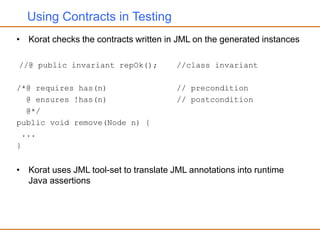 Using Contracts in Testing
• Korat checks the contracts written in JML on the generated instances
//@ public invariant repOk(); //class invariant
/*@ requires has(n) // precondition
@ ensures !has(n) // postcondition
@*/
public void remove(Node n) {
...
}
• Korat uses JML tool-set to translate JML annotations into runtime
Java assertions
 