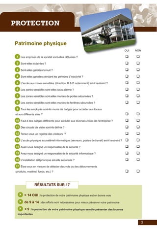 Plaquette_auto_test_IE_V06_2011_Mise en page 1 08/06/2011 09:47 Page 4




         PROTECTION

             Patrimoine physique
                                                                                                              OUI   NON

               1    Les emprises de la société sont-elles clôturées ?                                         q     q
               2    Sont-elles éclairées ?                                                                    q     q
               3    Sont-elles gardées la nuit ?                                                              q     q
               4    Sont-elles gardées pendant les périodes d’inactivité ?                                    q     q
               5    L'accès aux zones sensibles (direction, R & D notamment) est-il restreint ?               q     q
               6    Les zones sensibles sont-elles sous alarme ?                                              q     q
               7    Les zones sensibles sont-elles munies de portes sécurisées ?                              q     q
               8    Les zones sensibles sont-elles munies de fenêtres sécurisées ?                            q     q
               9    Tous les employés sont-ils munis de badges pour accéder aux locaux
              et aux différents sites ?                                                                       q     q
              10 Faut-il des badges différents pour accéder aux diverses zones de l'entreprise ?              q     q
              11 Des circuits de visite sont-ils définis ?                                                    q     q
              12 Tenez-vous un registre des visiteurs ?                                                       q     q
              13 L'accès physique au matériel informatique (serveurs, postes de travail) est-il restreint ?   q     q
              14 Avez-vous désigné un responsable de la sécurité ?                                            q     q
              15 Avez-vous désigné un responsable de la sécurité informatique ?                               q     q
              16 L'installation téléphonique est-elle sécurisée ?                                             q     q
              17 Êtes-vous en mesure de détecter des vols ou des détournements

              (produits, matériel, fonds, etc.) ?                                                             q     q


                                RÉSULTATS SUR 17

                   } > 14 OUI : la protection de votre patrimoine physique est en bonne voie
                   } de 9 à 14 : des efforts sont nécessaires pour mieux préserver votre patrimoine
                   } < 9 : la protection de votre patrimoine physique semble présenter des lacunes
                importantes


                                                                                                                        3
 