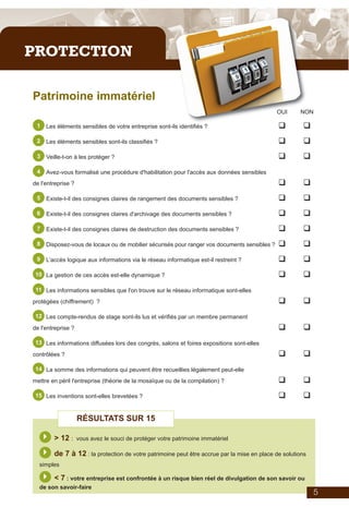 Plaquette_auto_test_IE_V06_2011_Mise en page 1 08/06/2011 09:47 Page 6




         PROTECTION

             Patrimoine immatériel
                                                                                                             OUI   NON

               1    Les éléments sensibles de votre entreprise sont-ils identifiés ?                         q     q
               2    Les éléments sensibles sont-ils classifiés ?                                             q     q
               3    Veille-t-on à les protéger ?                                                             q     q
               4    Avez-vous formalisé une procédure d'habilitation pour l'accès aux données sensibles
             de l'entreprise ?                                                                               q     q
               5    Existe-t-il des consignes claires de rangement des documents sensibles ?                 q     q
               6    Existe-t-il des consignes claires d'archivage des documents sensibles ?                  q     q
               7    Existe-t-il des consignes claires de destruction des documents sensibles ?               q     q
               8    Disposez-vous de locaux ou de mobilier sécurisés pour ranger vos documents sensibles ?   q     q
               9    L’accès logique aux informations via le réseau informatique est-il restreint ?           q     q
              10 La gestion de ces accès est-elle dynamique ?                                                q     q
              11 Les informations sensibles que l'on trouve sur le réseau informatique sont-elles

             protégées (chiffrement) ?                                                                       q     q
              12 Les compte-rendus de stage sont-ils lus et vérifiés par un membre permanent

             de l'entreprise ?                                                                               q     q
              13 Les informations diffusées lors des congrès, salons et foires expositions sont-elles

             contrôlées ?                                                                                    q     q
              14 La somme des informations qui peuvent être recueillies légalement peut-elle

             mettre en péril l'entreprise (théorie de la mosaïque ou de la compilation) ?                    q     q
              15 Les inventions sont-elles brevetées ?                                                       q     q

                                 RÉSULTATS SUR 15

                   } > 12 :      vous avez le souci de protéger votre patrimoine immatériel

                   } de 7 à 12 : la protection de votre patrimoine peut être accrue par la mise en place de solutions
                simples

                   } < 7 : votre entreprise est confrontée à un risque bien réel de divulgation de son savoir ou
                de son savoir-faire
                                                                                                                        5
 