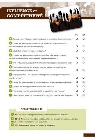 Plaquette_auto_test_IE_V06_2011_Mise en page 1 08/06/2011 09:48 Page 8




         INFLUENCE et
         COMPÉTITIVITÉ



                                                                                                                 OUI   NON

               1    Disposez-vous d’indicateurs précis pour évaluer la compétitivité de votre entreprise ?       q     q
               2    Existe-il une politique de communication de l’entreprise (sur son organisation,

             son caractère social, ses produits, ses services) ?                                                 q     q
               3    Aide-t-elle à construire l’image de l’entreprise ?                                           q     q
               4    Existe-t-il une politique de communication pour faire valoir les performances

             des produits de l’entreprise, particulièrement les produits innovants ?                             q     q
               5    Cette politique se développe-t-elle à l’international (participation à des salons, etc.) ?   q     q
               6    L’entreprise conduit-elle des actions à caractère sociétal (participation à des

             associations sportives, culturelles, etc.) ?                                                        q     q
               7    L’entreprise adhère-t-elle à des associations professionnelles permettant de faire

             entendre sa voix ?                                                                                  q     q
               8    Fait-elle des efforts pour aller au devant de ceux qui rédigent les lois et règlements ?     q     q
               9    Existe-t-il une stratégie de communication via le web 2.0 ?                                  q     q
              10 L'entreprise a-t-elle les moyens de rétablir sa réputation en cas d'attaque ?                   q     q
              11 Êtes-vous prêt à faire appel à un cabinet de lobbying pour défendre votre entreprise ?          q     q




                                RÉSULTATS SUR 11

                   } >9:      vous avez un bon positionnement pour mener des actions d'influence

                   } de 6 à 9 : même si vos produits sont de qualité, vous risquez à terme de rencontrer des
                difficultés pour les vendre comme vous le souhaitez
                   } < 6 : l'influence ne semble pas être un de vos soucis



                                                                                                                           7
 