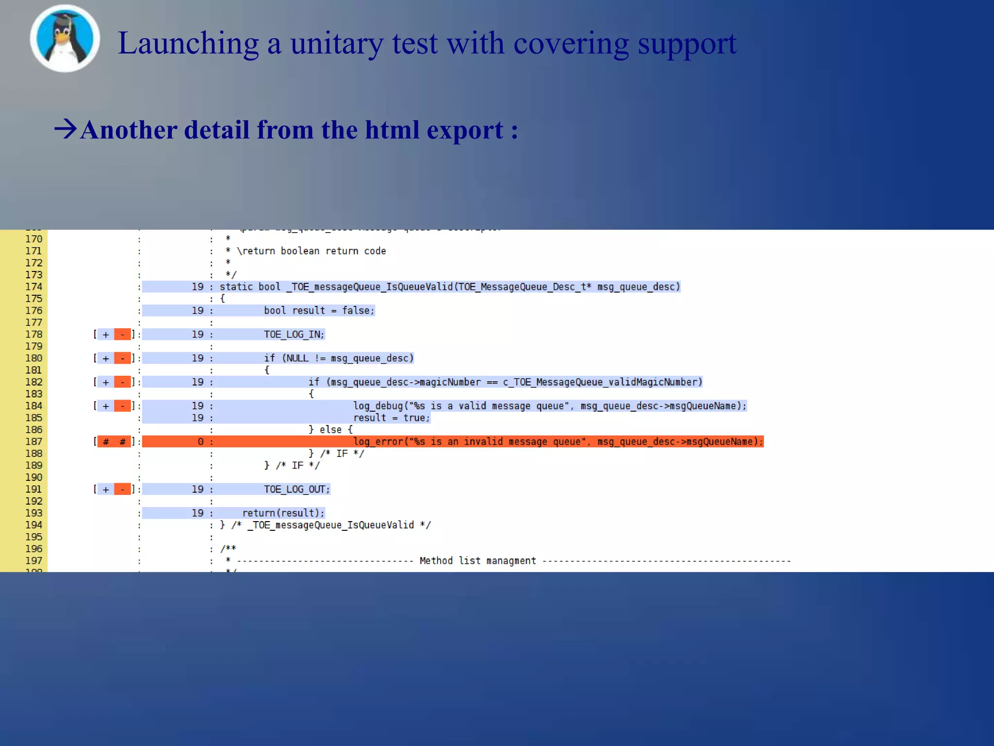 Launching a unitary test with covering support

Another detail from the html export :
 