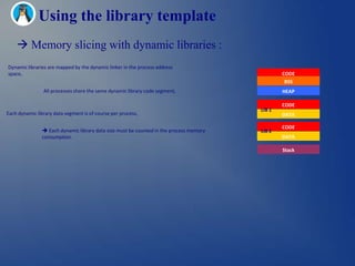 Using the library template
     Memory slicing with dynamic libraries :
Dynamic libraries are mapped by the dynamic linker in the process address
space,                                                                                          CODE
                                                                                                 BSS
                All processes share the same dynamic library code segment,                      HEAP

                                                                                                CODE
                                                                                        LIB 1
Each dynamic library data segment is of course per process,                                     DATA

                                                                                                CODE
                Each dynamic library data size must be counted in the process memory   LIB 2
               consumption.                                                                     DATA

                                                                                                Stack
 