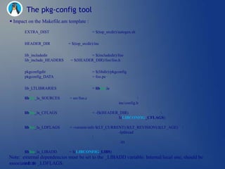 The pkg-config tool
 Impact on the Makefile.am template :

       EXTRA_DIST                          = $(top_srcdir)/autogen.sh

       HEADER_DIR            = $(top_srcdir)/inc

       lib_includedir                  = $(includedir)/foo
       lib_include_HEADERS    = $(HEADER_DIR)/foo/foo.h

       pkgconfigdir                        = $(libdir)/pkgconfig
       pkgconfig_DATA                      = foo.pc

       lib_LTLIBRARIES                     = libfoo.la

       libfoo_la_SOURCES     = src/foo.c                               
                                                           inc/config.h

       libfoo_la_CFLAGS                    = -I$(HEADER_DIR)            
                                                       $(LIBCONFIG_CFLAGS)

       libfoo_la_LDFLAGS     = -version-info $(LT_CURRENT):$(LT_REVISION):$(LT_AGE)   
                                                       -lpthread
                                           
                                                        -lrt

       libfoo_la_LIBADD      = $(LIBCONFIG_LIBS)
Note: external dependencies must be set to the _LIBADD variable. Internal/local one, should be
associated to _LDFLAGS.
        # EOF
 