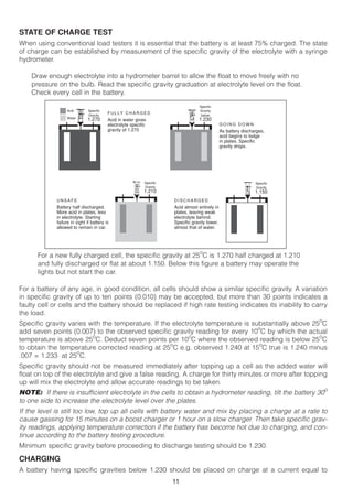 STATE OF CHARGE TEST
When using conventional load testers it is essential that the battery is at least 75% charged. The state
of charge can be established by measurement of the specific gravity of the electrolyte with a syringe
hydrometer.

    Draw enough electrolyte into a hydrometer barrel to allow the float to move freely with no
    pressure on the bulb. Read the specific gravity graduation at electrolyte level on the float.
    Check every cell in the battery.
                                                                                    Specific
                  Acid         Specific                                             Gravity
                               Gravity
                                          F U L LY C H A R G E D                     below
                  Water                                                             1.230
                              1.270       Acid in water gives
                                          electrolyte specific                                    GOING DOWN
                                          gravity of 1.270                                        As battery discharges,
                                                                                                  acid begins to lodge
                                                                                                  in plates. Specific
                                                                                                  gravity drops.




                                                             Specific                                              Specific
                                                             Gravity                                               Gravity
                                                             1.210                                                 1.150
             UNSAFE                                                     DISCHARGED
             Battery half discharged.                                   Acid almost entirely in
             More acid in plates, less                                  plates, leaving weak
             in electrolyte. Starting                                   electrolyte behind.
             failure in sight if battery is                             Specific gravity lower,
             allowed to remain in car.                                  almost that of water.




                                                              o
      For a new fully charged cell, the specific gravity at 25 C is 1.270 half charged at 1.210
      and fully discharged or flat at about 1.150. Below this figure a battery may operate the
      lights but not start the car.

For a battery of any age, in good condition, all cells should show a similar specific gravity. A variation
in specific gravity of up to ten points (0.010) may be accepted, but more than 30 points indicates a
faulty cell or cells and the battery should be replaced if high rate testing indicates its inability to carry
the load.
Specific gravity varies with the temperature. If the electrolyte temperature is substantially above 25oC
add seven points (0.007) to the observed specific gravity reading for every 10oC by which the actual
                         o                                 o                                          o
temperature is above 25 C. Deduct seven points per 10 C where the observed reading is below 25 C
                                                    o                             o
to obtain the temperature corrected reading at 25 C e.g. observed 1.240 at 15 C true is 1.240 minus
.007 = 1.233 at 25oC.
Specific gravity should not be measured immediately after topping up a cell as the added water will
float on top of the electrolyte and give a false reading. A charge for thirty minutes or more after topping
up will mix the electrolyte and allow accurate readings to be taken.
NOTE: If there is insufficient electrolyte in the cells to obtain a hydrometer reading, tilt the battery 30o
to one side to increase the electrolyte level over the plates.
If the level is still too low, top up all cells with battery water and mix by placing a charge at a rate to
cause gassing for 15 minutes on a boost charger or 1 hour on a slow charger. Then take specific grav-
ity readings, applying temperature correction if the battery has become hot due to charging, and con-
tinue according to the battery testing procedure.
Minimum specific gravity before proceeding to discharge testing should be 1.230.

CHARGING
A battery having specific gravities below 1.230 should be placed on charge at a current equal to
                                                                        11
 