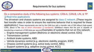 26
Advanced Vehicle Control System
26 August 2023
Requirements for bus systems
Do a comparative study of the following bus systems: CAN-A, CAN-B, LIN, & TP
 Real time applications
The drivetrain and chassis systems are assigned to class C network. [These require
fast transfer rates in order to ensure the real-time behavior that is required for these
applications.] These requirements are met by the CAN bus with a transfer rate of 500 kBaud (high-speed
CAN). [Baud is the rate at which information is transferred. 500kBaud means that the port is capable of
transferring a maximum of 500 kbits per second].Examples of systems that run on this network:
o Engine-management system [Motronic or electronic diesel control, EDC]
o Transmission control
o Antilock brake systems, ABS
o Vehicle dynamics control [e.g. electronic stability program, ESP]
o Chassis control systems [e.g. active body control, ABC]
o Support systems [e.g. adaptive cruise control, ACC]
 