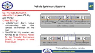 42
Advanced Vehicle Control System
26 August 2023
Vehicle System Architecture
OUT-VEHICLE NETWORK
ARCHITECTUR (ieee 802.11p
and Wimax)
 ieee 802.11p
o establishment delays before
communicating with other
vehicles encountered on the
road
o The IEEE 802.11p standard, also
referred to as Wireless Access
for the Vehicular Environment
(WAVE), is designed to solve
these issues
Vehicle safety communication examples
 