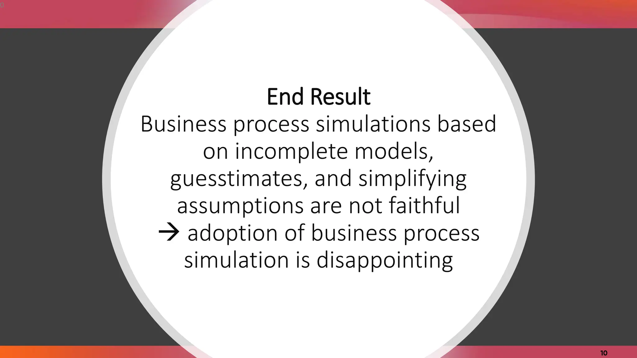 End Result
Business process simulations based
on incomplete models,
guesstimates, and simplifying
assumptions are not faithful
 adoption of business process
simulation is disappointing
0
 