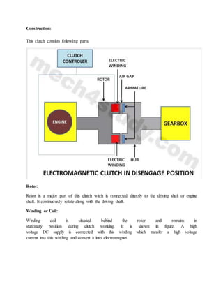 Construction:
This clutch consists following parts.
Rotor:
Rotor is a major part of this clutch witch is connected directly to the driving shaft or engine
shaft. It continuously rotate along with the driving shaft.
Winding or Coil:
Winding coil is situated behind the rotor and remains in
stationary position during clutch working. It is shown in figure. A high
voltage DC supply is connected with this winding which transfer a high voltage
current into this winding and convert it into electromagnet.
 