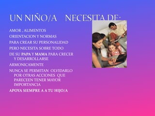 AMOR , ALIMENTOS
ORIENTACION Y NORMAS
PARA CREAR SU PERSONALIDAD
PERO NECESITA SOBRE TODO
DE SU PAPA Y MAMA PARA CRECER
  Y DESARROLLARSE
ARMONICAMENTE
NUNCA SE PERMITAN OLVIDARLO
  POR OTRAS ACCIONES QUE
  PARECEEN TENER MAYOR
  IMPORTANCIA
APOYA SIEMPRE A A TU HIJO/A
 