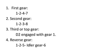 1. First gear:
1-2-4-7
2. Second gear:
1-2-3-8
3. Third or top gear:
D2 engaged with gear 1.
4. Reverse gear:
1-2-5- Idler gear-6
 