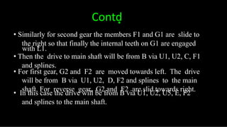 Contd͙
• Similarly for second gear the members F1 and G1 are slide to
the right so that finally the internal teeth on G1 are engaged
with L1.
• Then the drive to main shaft will be from B via U1, U2, C, F1
and splines.
• For first gear, G2 and F2 are moved towards left. The drive
will be from B via U1, U2, D, F2 and splines to the main
shaft. For reverse gear, G2 and F2 are slid towards right.
• In this case the drive will be from B via U1, U2, U5, E, F2
and splines to the main shaft.
 