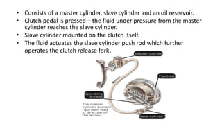 • Consists of a master cylinder, slave cylinder and an oil reservoir.
• Clutch pedal is pressed – the fluid under pressure from the master
cylinder reaches the slave cylinder.
• Slave cylinder mounted on the clutch itself.
• The fluid actuates the slave cylinder push rod which further
operates the clutch release fork.
 