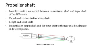 Propeller shaft
• Propeller shaft is connected between transmission shaft and input shaft
of the differential.
• Called as driveline shaft or drive shaft.
• Length and short shaft.
• Transmission output shaft and the input shaft to the rear axle housing are
in different planes.
 
