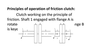 Principles of operation of friction clutch:
Clutch working on the principle of
friction. Shaft 1 engaged with flange A is
rotated at N rpm, and shaft 2 with the flange B
is keyed with driven shaft.
 