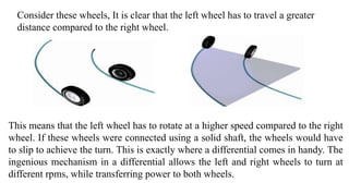 Consider these wheels, It is clear that the left wheel has to travel a greater
distance compared to the right wheel.
This means that the left wheel has to rotate at a higher speed compared to the right
wheel. If these wheels were connected using a solid shaft, the wheels would have
to slip to achieve the turn. This is exactly where a differential comes in handy. The
ingenious mechanism in a differential allows the left and right wheels to turn at
different rpms, while transferring power to both wheels.
 