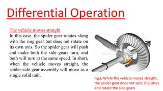 Differential Operation
The vehicle moves straight
In this case, the spider gear rotates along
with the ring gear but does not rotate on
its own axis. So the spider gear will push
and make both the side gears turn, and
both will turn at the same speed. In short,
when the vehicle moves straight, the
spider-side gear assembly will move as a
single solid unit.
Fig.6 While the vehicle moves straight,
the spider gear does not spin; it pushes
and rotate the side gears
 
