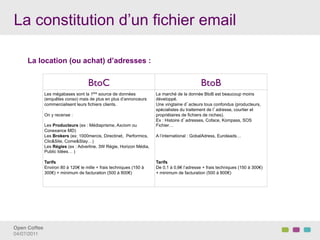 La constitution d’un fichier email

     La location (ou achat) d’adresses :


                                 BtoC	

                                                 BtoB	

           Les mégabases sont la 1ère source de données           Le marché de la donnée BtoB est beaucoup moins
           (enquêtes conso) mais de plus en plus d’annonceurs     développé.
           commercialisent leurs fichiers clients.                Une vingtaine d acteurs tous confondus (producteurs,
                                                                  spécialistes du traitement de l adresse, courtier et
           On y recense :                                         propriétaires de fichiers de niches).
                                                                  Ex : Histoire d adresses, Coface, Kompass, SOS
           Les Producteurs (ex : Médiaprisme, Axciom ou           Fichier…
           Conexance MD)
           Les Brokers (ex: 1000mercis, Directinet, Performics,   A l’international : GobalAdress, Euroleads…
           Clic&Site, Come&Stay…)
           Les Régies (ex : Adverline, 3W Régie, Horizon Média,
           Public Idées… )

           Tarifs                                                 Tarifs
           Environ 80 à 120€ le mille + frais techniques (150 à   De 0,1 à 0,6€ l’adresse + frais techniques (150 à 300€)
           300€) + minimum de facturation (500 à 800€)            + minimum de facturation (500 à 800€)




Open Coffee!
04/07/2011!
 