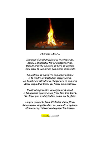 FEU DE CAMP...

  Son train n'avait de frein que le crépuscule,
   Alors, il allumait le feu de quelques brins.
  Puis de branche amassée au bord du chemin
 Qu'il avive la flamme un peu moins minuscule.

   En tailleur, au plus près, son index articule
     À la cendre les traits d'un visage serein.
La bouche est attendrie et chaque oeil en son sein
 Brille empli d'un tison, qui forme un monticule.

    Il entendra peut-être un crépitement sourd,
Il lui faudrait caresse à son front bien trop lourd,
Plus léger que les doigts d'un potier sur la glaise.

  Un peu comme le bruit d'éclosion d'une fleur,
Au contraire du poids, dans ses yeux, de ses pleurs,
  Mes larmes grésillent en éteignant les braises.

                 Carmella (Anonyme)
 