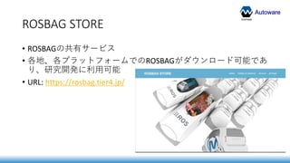 Autoware
ROSBAG STORE
• ROSBAGの共有サービス
• 各地、各プラットフォームでのROSBAGがダウンロード可能であ
り、研究開発に利用可能
• URL: https://rosbag.tier4.jp/
 