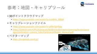 Autoware
参考：地図・キャリブツール
• 3Dポイントクラウドマップ
• https://www.youtube.com/watch?v=hsX4HX_XBM4
• キャリブレーションファイル
• https://www.youtube.com/watch?v=pfBmfgHf6zg
• https://github.com/CPFL/Autoware/blob/master/ros/src/sensing/fusion/pack
ages/calibration_camera_lidar/CalibrationToolkit_Manual.pdf
• ベクターマップ
• https://maptools.tier4.jp/
 