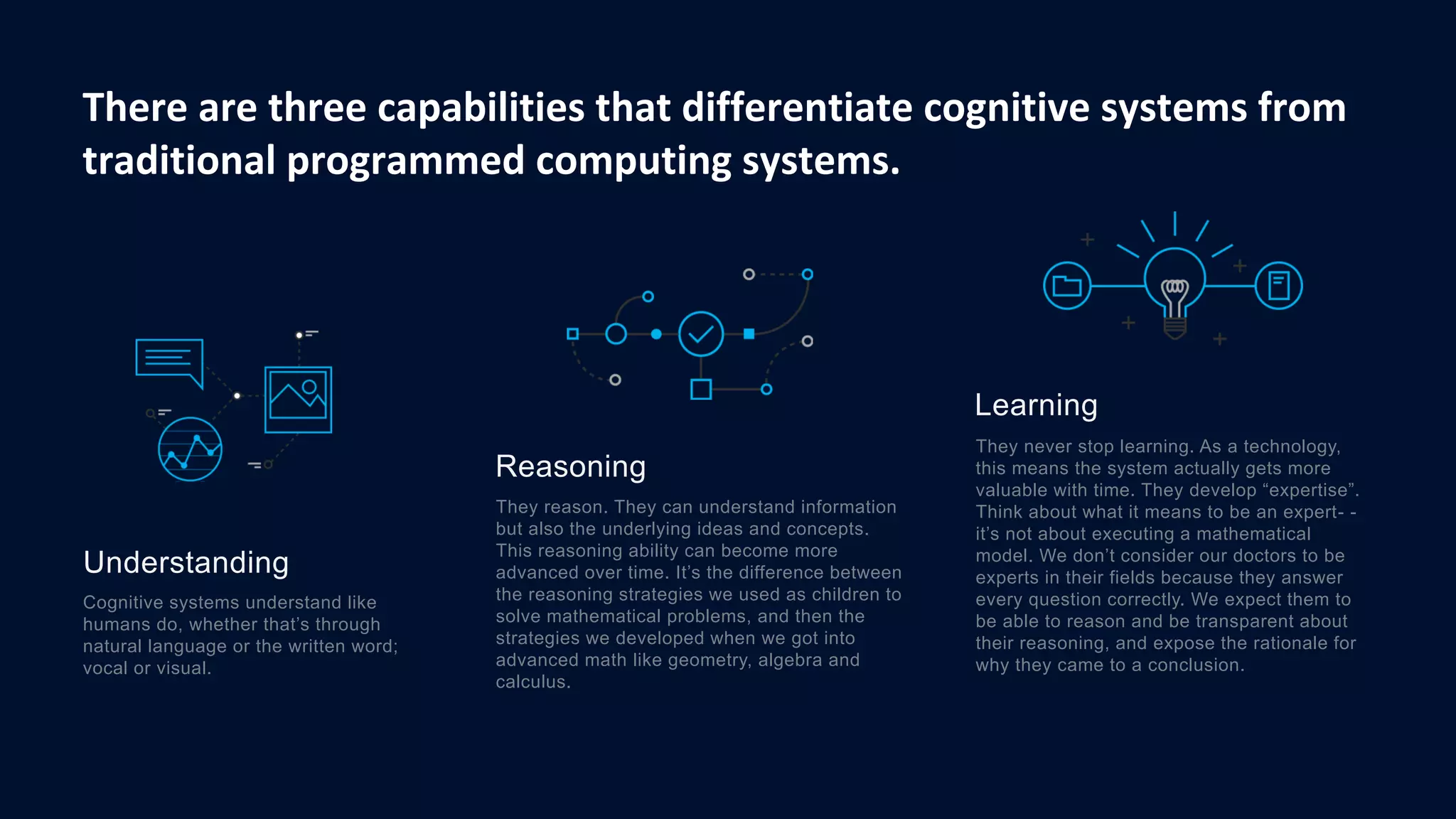 Reasoning
They reason. They can understand information
but also the underlying ideas and concepts.
This reasoning ability can become more
advanced over time. It’s the difference between
the reasoning strategies we used as children to
solve mathematical problems, and then the
strategies we developed when we got into
advanced math like geometry, algebra and
calculus.
Learning
They never stop learning. As a technology,
this means the system actually gets more
valuable with time. They develop “expertise”.
Think about what it means to be an expert- -
it’s not about executing a mathematical
model. We don’t consider our doctors to be
experts in their fields because they answer
every question correctly. We expect them to
be able to reason and be transparent about
their reasoning, and expose the rationale for
why they came to a conclusion.
Understanding
Cognitive systems understand like
humans do, whether that’s through
natural language or the written word;
vocal or visual.
There are three capabilities that differentiate cognitive systems from
traditional programmed computing systems.
 