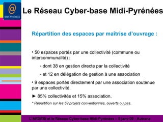 Répartition des espaces par maîtrise d’ouvrage : 50 espaces portés par une collectivité (commune ou intercommunalité) : dont 38 en gestion directe par la collectivité et 12 en délégation de gestion à une association 9 espaces portés directement par une association soutenue par une collectivité. ►  85% collectivités et 15% association. * Répartition sur les 59 projets conventionnés, ouverts ou pas. L’ARDESI et le Réseau Cyber-base Midi-Pyrénées – 8 janv 09 - Autrans Le Réseau Cyber-base Midi-Pyrénées 