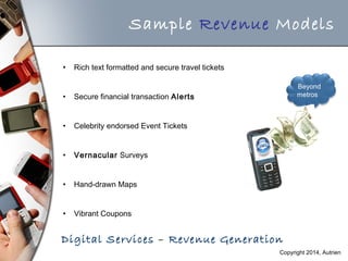 Sample Revenue Models
• Rich text formatted and secure travel tickets
• Secure financial transaction Alerts
• Celebrity endorsed Event Tickets
• Vernacular Surveys
• Hand-drawn Maps
• Vibrant Coupons
Beyond
metros
Digital Services – Revenue Generation
Copyright 2014, Autrien
 