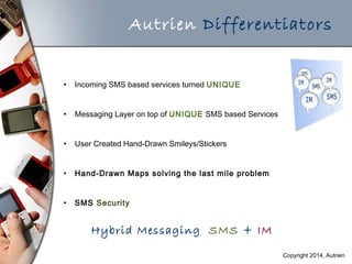Autrien Differentiators
Hybrid Messaging SMS + IM
• Incoming SMS based services turned UNIQUE
• Messaging Layer on top of UNIQUE SMS based Services
• User Created Hand-Drawn Smileys/Stickers
• Hand-Drawn Maps solving the last mile problem
• SMS Security
Copyright 2014, Autrien
 