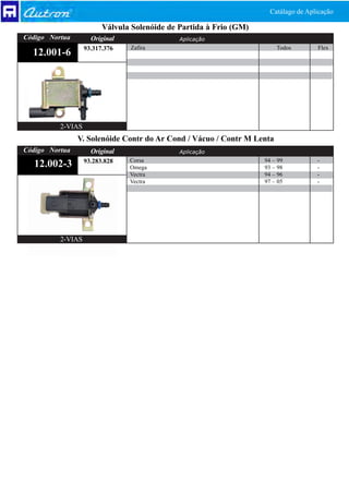 Catálago de Aplicação

                         Válvula Solenóide de Partida à Frio (GM)
Código Nortua        Original                 Aplicação
                   93.317.376   Zafira                                  Todos        Flex
  12.001-6




          2-VIAS
                V. Solenóide Contr do Ar Cond / Vácuo / Contr M Lenta
Código Nortua        Original                 Aplicação
                   93.283.828   Corsa                               94 – 99          -
  12.002-3                      Omega                               93 – 98          -
                                Vectra                              94 – 96          -
                                Vectra                              97 – 05          -




          2-VIAS
 