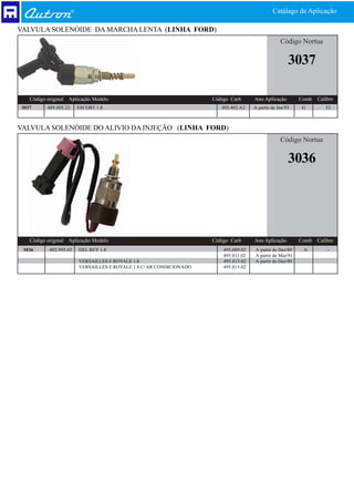 Catálago de Aplicação

VALVULA SOLENÓIDE DA MARCHA LENTA (LINHA FORD)
                                                                                                   Código Nortua

                                                                                                       3037

   Código original Aplicação Modelo                                  Código Carb      Ano Aplicação        Comb   Calibre
3037      489.805.22    ESCORT 1.8                                      495.402.A2    A partir de Jan/93   G         52



VALVULA SOLENÓIDE DO ALIVIO DA INJEÇÃO (LINHA FORD)
                                                                                                   Código Nortua

                                                                                                       3036




   Código original Aplicação Modelo                                  Código Carb      Ano Aplicação        Comb   Calibre
 3036      402.995.02   DEL REY 1.8                                      495,009.02   A partir de Dez/89    A         -
                                                                         495.011.02   A partir de Mar/91
                        VERSAILLES E ROYALE 1.8                          495.013.02   A partir de Dez/89
                        VERSAILLES E ROYALE 1.8 C/ AR CONDICIONADO       495.015.02
 
