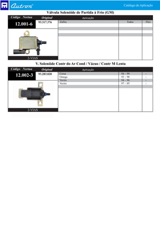 Catálago de Aplicação

                         Válvula Solenóide de Partida à Frio (GM)
Código Nortua        Original                 Aplicação
                   93.317.376   Zafira                                  Todos        Flex
  12.001-6




          2-VIAS
                V. Solenóide Contr do Ar Cond / Vácuo / Contr M Lenta
Código Nortua        Original                 Aplicação
                   93.283.828   Corsa                               94 – 99          -
  12.002-3                      Omega                               93 – 98          -
                                Vectra                              94 – 96          -
                                Vectra                              97 – 05          -




          2-VIAS
 