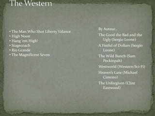 • The Man Who Shot Liberty Valance
• High Noon
• Hang ‘em High!
• Stagecoach
• Rio Grande
• The Magnificent Seven

By Auteur…

The Good the Bad and the
Ugly (Sergio Leone)
A Fistful of Dollars (Sergio
Leone)
The Wild Bunch (Sam
Peckinpah)
Westworld (Western/Sci-Fi)
Heaven’s Gate (Michael
Cimono)
The Unforgiven (Clint
Eastwood)

 