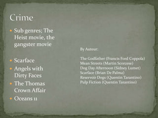  Sub genres; The

Heist movie, the
gangster movie
By Auteur:

 Scarface
 Angels with

Dirty Faces
 The Thomas
Crown Affair
 Oceans 11

The Godfather (Francis Ford Coppola)
Mean Streets (Martin Scorcese)
Dog Day Afternoon (Sidney Lumet)
Scarface (Brian De Palma)
Reservoir Dogs (Quentin Tarantino)
Pulp Fiction (Quentin Tarantino)

 