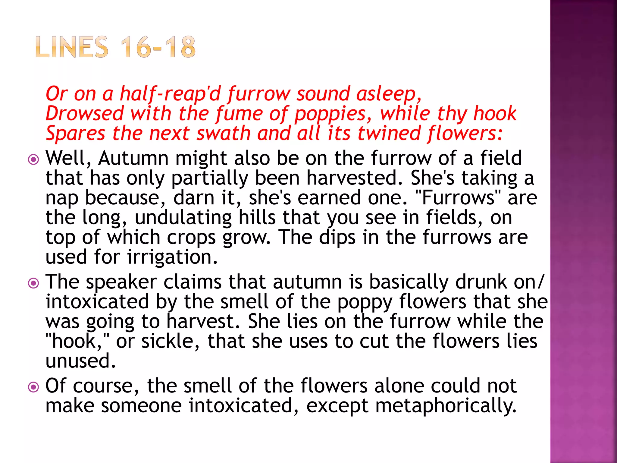 Or on a half-reap'd furrow sound asleep,
Drowsed with the fume of poppies, while thy hook
Spares the next swath and all its twined flowers:
 Well, Autumn might also be on the furrow of a field
that has only partially been harvested. She's taking a
nap because, darn it, she's earned one. "Furrows" are
the long, undulating hills that you see in fields, on
top of which crops grow. The dips in the furrows are
used for irrigation.
 The speaker claims that autumn is basically drunk on/
intoxicated by the smell of the poppy flowers that she
was going to harvest. She lies on the furrow while the
"hook," or sickle, that she uses to cut the flowers lies
unused.
 Of course, the smell of the flowers alone could not
make someone intoxicated, except metaphorically.
 