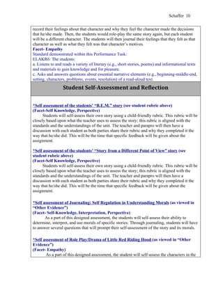 Schaffer 10


record their feelings about that character and why they feel the character made the decisions
that he/she made. Then, the students would role-play the same story again, but each student
will be a different character. The students will then journal their feelings that they felt as that
character as well as what they felt was that character’s motives.
Facet- Empathy
Standard demonstrated within this Performance Task:
ELAKR6: The students:
a. Listens to and reads a variety of literary (e.g., short stories, poems) and informational texts
and materials to gain knowledge and for pleasure.
c. Asks and answers questions about essential narrative elements (e.g., beginning-middle-end,
setting, characters, problems, events, resolution) of a read-aloud text.

                  Student Self-Assessment and Reflection

*Self assessment of the students’ “B.E.M.” story (see student rubric above)
(Facet-Self Knowledge, Perspective)
      Students will self-assess their own story using a child-friendly rubric. This rubric will be
closely based upon what the teacher uses to assess the story; this rubric is aligned with the
standards and the understandings of the unit. The teacher and parapro will then have a
discussion with each student as both parties share their rubric and why they completed it the
way that he/she did. This will be the time that specific feedback will be given about the
assignment.

*Self assessment of the students’ “Story from a Different Point of View” story (see
student rubric above)
(Facet-Self Knowledge, Perspective)
      Students will self-assess their own story using a child-friendly rubric. This rubric will be
closely based upon what the teacher uses to assess the story; this rubric is aligned with the
standards and the understandings of the unit. The teacher and parapro will then have a
discussion with each student as both parties share their rubric and why they completed it the
way that he/she did. This will be the time that specific feedback will be given about the
assignment.

*Self assessment of Journaling: Self Regulation in Understanding Morals (as viewed in
“Other Evidence”)
(Facet- Self-Knowledge, Interpretation, Perspective)
       As a part of this designed assessment, the students will self-assess their ability to
determine, interpret, and use morals of specific stories. Through journaling, students will have
to answer several questions that will prompt their self-assessment of the story and its morals.

*Self assessment of Role Play/Drama of Little Red Riding Hood (as viewed in “Other
Evidence”)
(Facet- Empathy)
       As a part of this designed assessment, the student will self-assess the characters in the
 