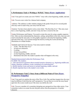 Schaffer   5



I. Performance Task 1: Writing a “B.M.E.” Story (Facet- Application)

Goal: Your goal is to create your own “B.M.E.” story with a clear beginning, middle, and end.

Role: You are a new writer for a famous book company.

Audience: The audience is other students ranging in the grades from pre-k to second grade
who may want to read or buy your story from the store.

Situation: You have been asked to write a story titled, “The Best Day Ever.” This story must
have a clear beginning, middle, and end. It may also have a moral at the end.

Product Performance and Purpose: You need to create this story by using a graphic organizer
first. After you have determined the characters, setting, and problem in the story, then you will
need to develop the story plot. Use the graphic organizer to develop the beginning, middle,
and end of the story. You will then design the book by writing the words and drawing
illustrations on a blank booklet.

Standards and Criteria for Success: Your story needs to include:
- A title, “The Best Day Ever.”
- At least two characters.
- A setting.
- At least one problem.
- A clear beginning, middle, and end.
- Illustrations that allow the reader to predict what will happen in the story.

Standard demonstrated within this Performance Task:
ELAKR6: The students:
c. Asks and answers questions about essential narrative elements (e.g., beginning-middle-end,
setting, characters, problems, events, resolution) of a read-aloud text.
e. Retells familiar events and stories to include beginning, middle, and end.
h. Retells important facts in the student’s own words.


II. Performance Task 2: Story from a Different Point of View (Facet-
Perspective/ Empathy)

Goal: Your goal is to analyze the story of the Three Little Pigs and then imagine how the story
may be different if told from the wolf’s perspective. You are then to re-write the story based
upon how the events would occur if the story was told by the wolf.

Role: You are a member of a committee designing new perspectives from older stories. Your
committee works to re-create favorite fairytale stories from the perspective of another
character.
 